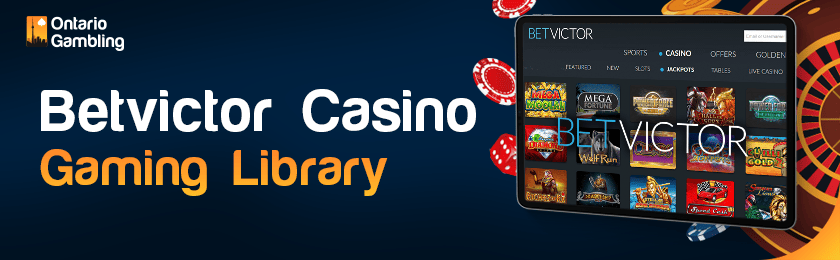 BetVictor casino gaming library screen on a tablet with a casino logo