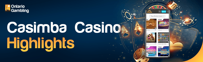 Different gaming items and Casimba casino site on a mobile phone for the casino highlights