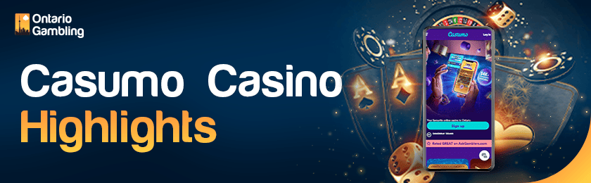 Different gaming items and Casumo casino site on a mobile phone for the casino highlights