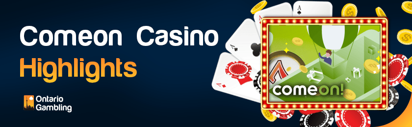 Different casino gaming items with ComeOn casino logo for the casino highlights