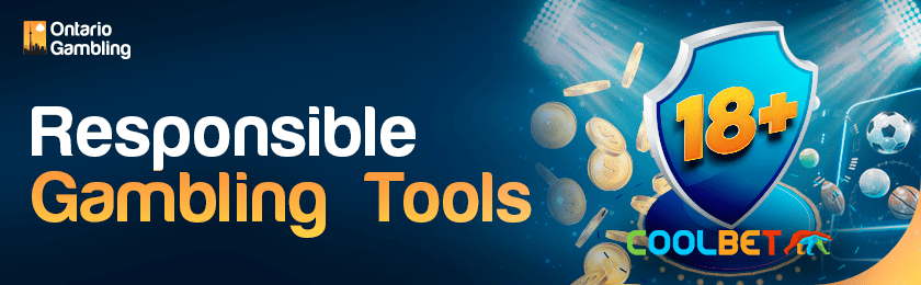 Sports items, gold coins and an 18+ sign on a security logo for responsible gambling tools in CoolBet Sportsbook