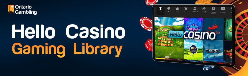 Hello casino gaming library screen on a tablet with a casino logo