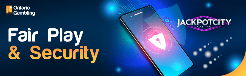 A security logo on a mobile phone for FairPlay and security of JackpotCity casino