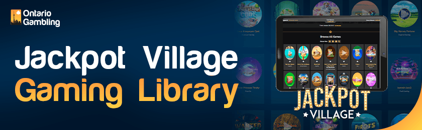 Jackpot Village Casino gaming library page on a tablet with a Casino logo
