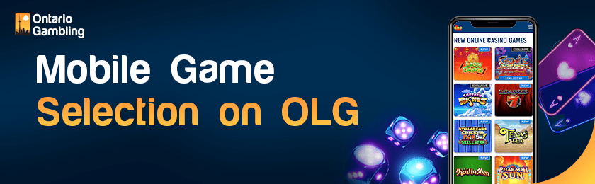 A mobile phone with different games, casino cards and dice for mobile game selection on OLG
