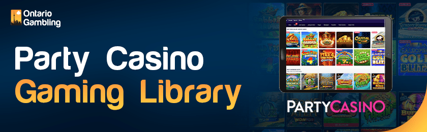 Party Casino gaming library page on a tablet with a Casino logo