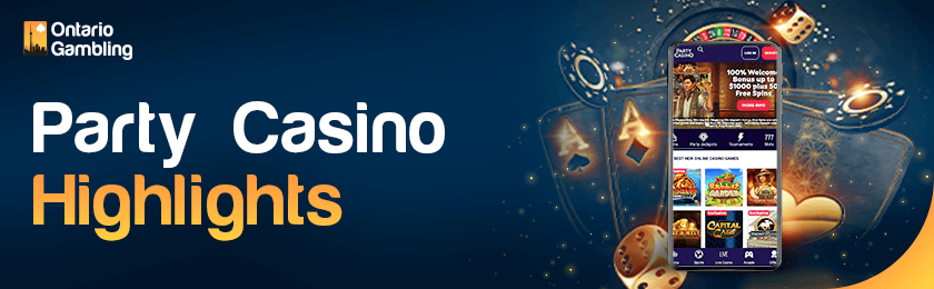 Different gaming items and Party casino site on a mobile phone for the casino highlights