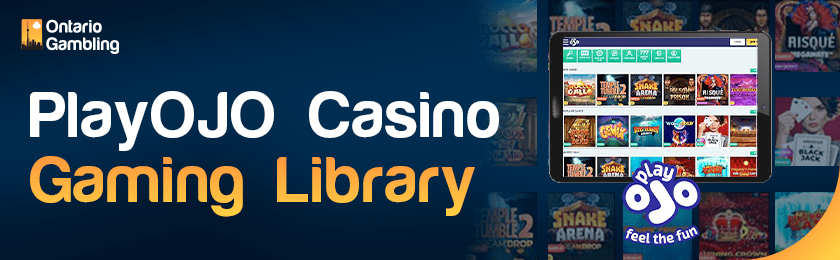 PlayOjo Casino gaming library page on a tablet with a Casino logo