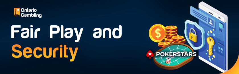 A lock and key on a mobile app and gold coins for fair play and security of PokerStars casino
