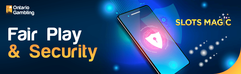 A security logo on a mobile phone for FairPlay and security of SlotsMagic casino