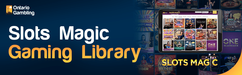 SlotsMagic Casino gaming library screen on a tablet with a Casino logo