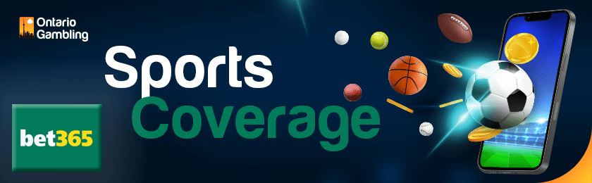Different types of sports balls and casino chips are coming forth from a cell phone for Bet365 Sports Coverage