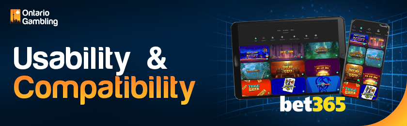 Photos of games on mobile phone and tablet representing the Bet365 usability and compatibility