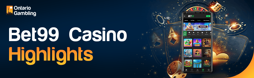A mobile phone with some casino-playing items for Bet99 Casino highlights