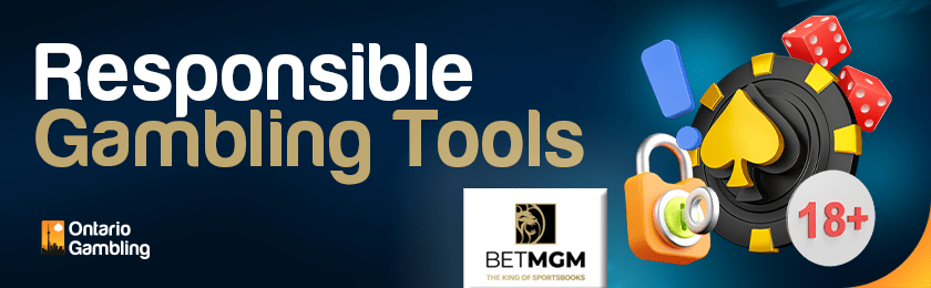 A lock & key, dice and 18+ sign with a security logo for responsible gambling tools