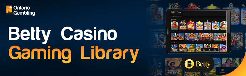 A casino library image is showing on a tablet for Betty Casino gaming library