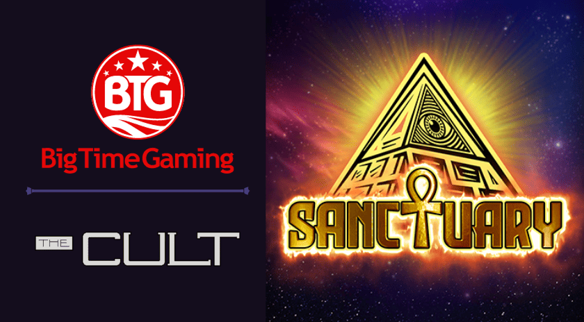 Big Time Gaming and The Cult logos with Sanctuary slot game title on cosmic background
