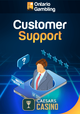 A Caesars casino customer support representative is providing support from a mobile phone like desk