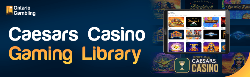 Caesars casino gaming library screen on a tablet with a casino logo