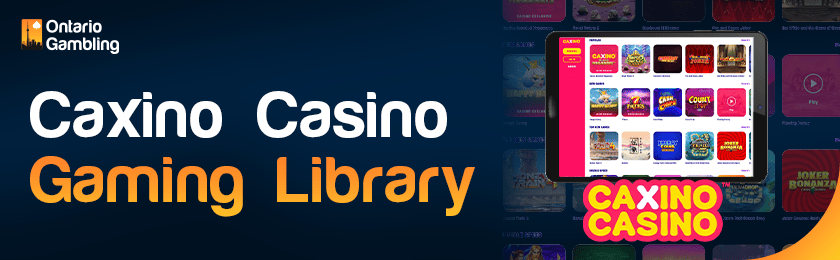 A casino library image is showing on a tablet for the Caxino Casino gaming library