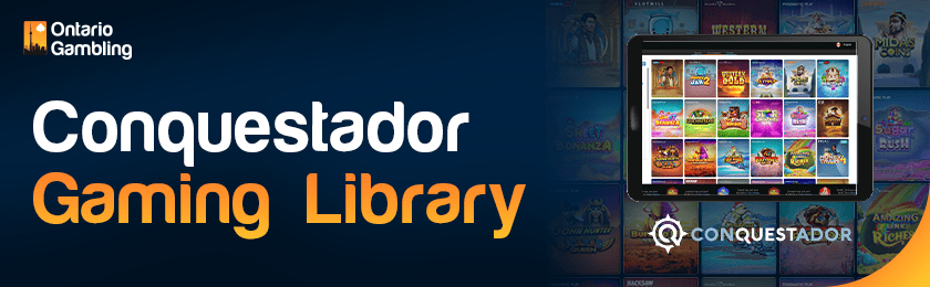 A casino library image is showing on a tablet for the Conquestador Gaming library