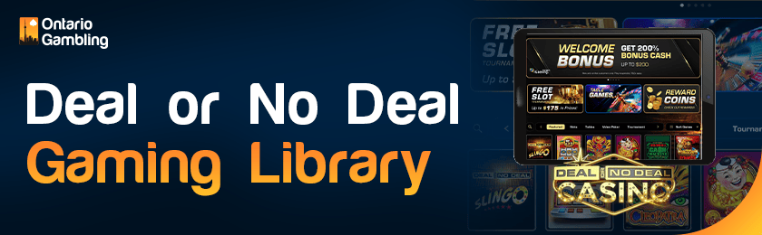A casino library image is showing on a tablet for Deal or No Deal gaming library