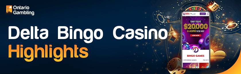 A mobile phone with some casino-playing items for Delta Bingo Casino highlights