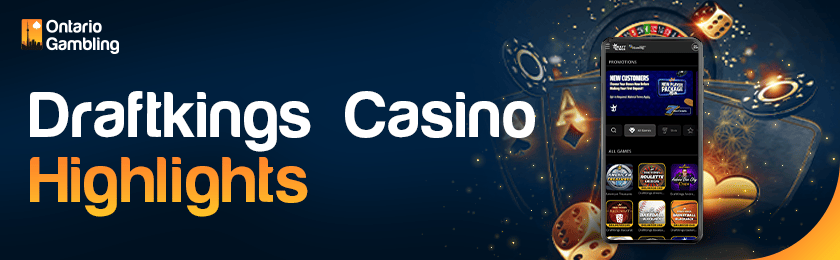A mobile phone with some casino-playing items for DraftKings Casino highlights