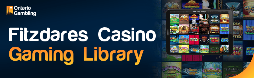 Photos of games on background and on tablet for Fitzdares casino gaming library