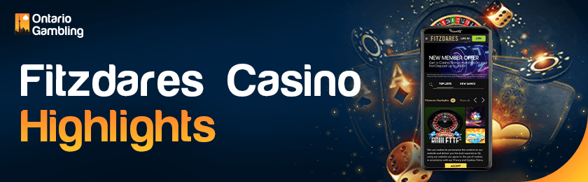 A mobile phone with different games, casino cards and dice for Fitzdares casino highlights