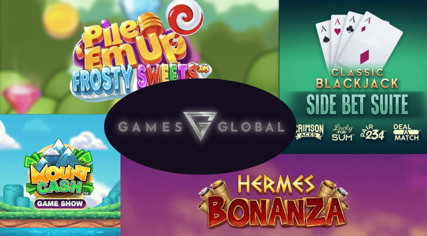 Collage of Games Global's new iGaming releases, featuring logos for Pile 'Em Up Frosty Sweets, Mount Cash Game Show, Classic Blackjack Side Bet Suite, and Hermes Bonanza.