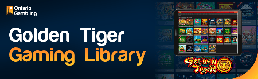A casino library image is showing on a tablet for the Golden Tiger Casino gaming library