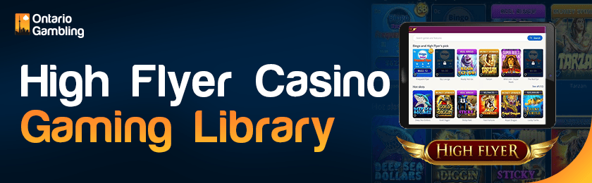 A casino library image is showing on a tablet for the High Flyer Casino gaming library