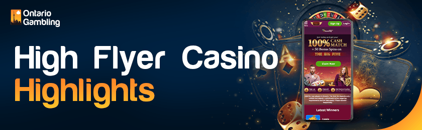 A mobile phone with some casino-playing items for High Flyer Casino highlights