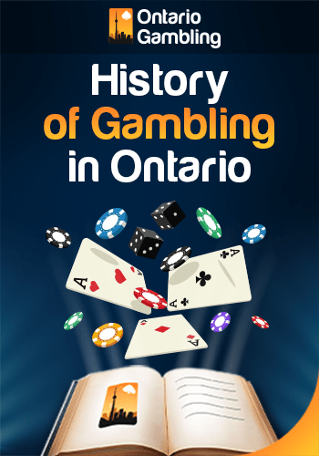 An Ontario gambling history book with playing cards and casino chips