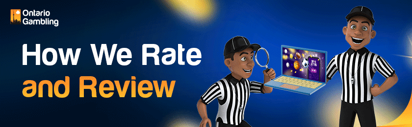Two referees are inspecting a sports betting site to rate with a magnifying glass