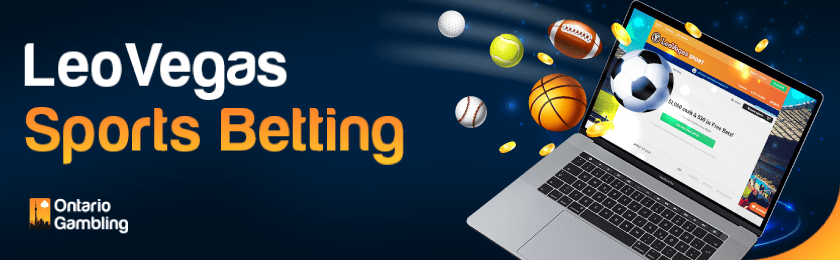 Different types of sports balls are coming from LeoVegas online betting website on a Laptop