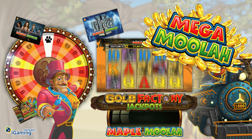 Different Mega Moolah and Mapple Moolah game banners with gameplay.