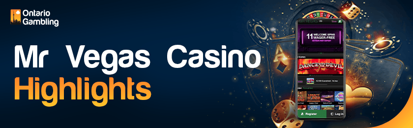 A mobile phone with some casino playing items for Mr Vegas Casino highlights