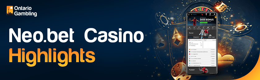 A mobile phone with some casino-playing items for Neo.Bet Casino highlights