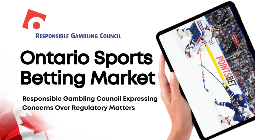 Responsible Gambling Council banner on Ontario Sports Betting Market with concerns over regulatory matters, displayed on a tablet.