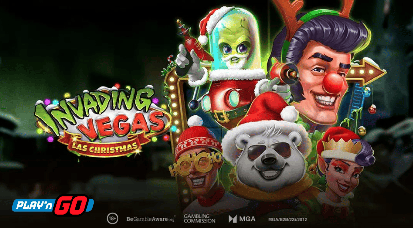 Promotional graphic for Play'n GO's Invading Vegas: Las Christmas slot game featuring cartoon characters in festive attire, including an alien in a Santa suit