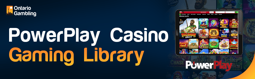 A casino library image is showing on a tablet for the PowerPlay Casino gaming library