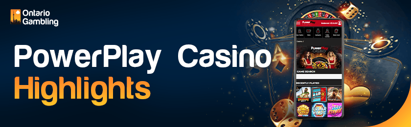 A mobile phone with some casino-playing items for PowerPlay Casino highlights