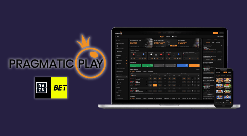 Pragmatic Play logo alongside DAZN BET logo with a laptop and smartphone displaying the new sportsbook interface.