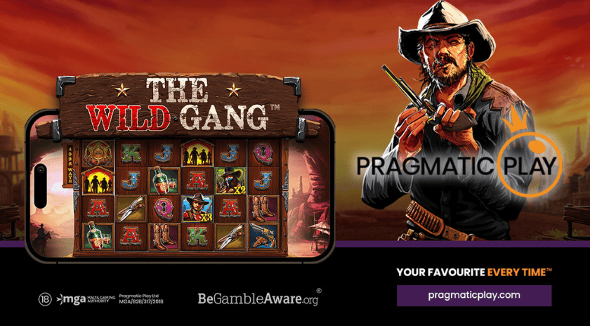 Promotional banner for 'The Wild Gang' slot game by Pragmatic Play, featuring western theme and smartphone display