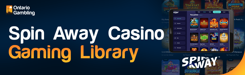 A casino library image is showing on a tablet for Spin Away Casino gaming library