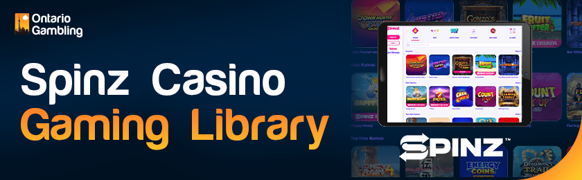 A casino library image is showing on a tablet for the Spinz Casino gaming library