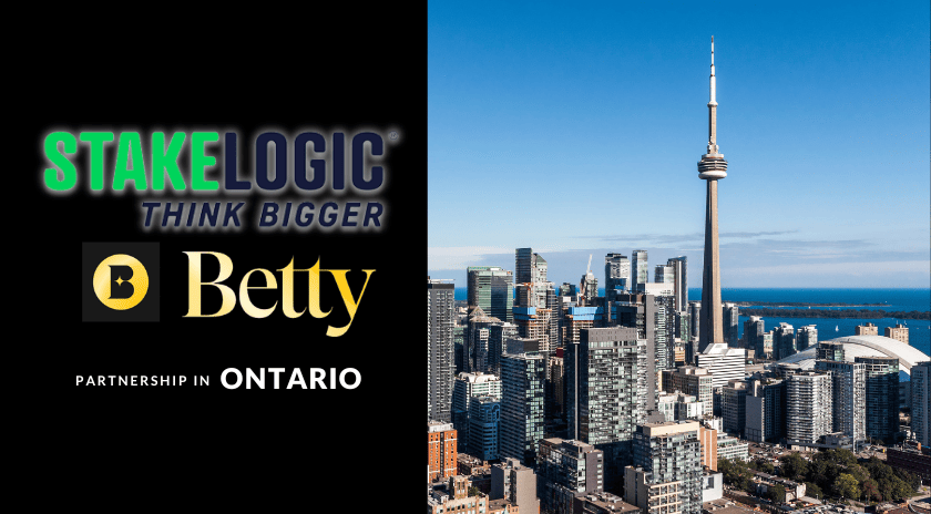 StakeLogic and Betty logos with the Toronto skyline, symbolizing their partnership in Ontario.