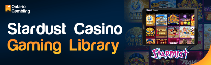 A casino library image is showing on a tablet for Stardust Casino gaming library